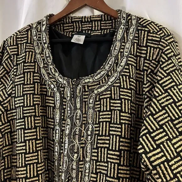 ULLA POPKEN Unique tan black print gold sequins design Blazer Jacket Size 28/30 - Picture 3 of 5